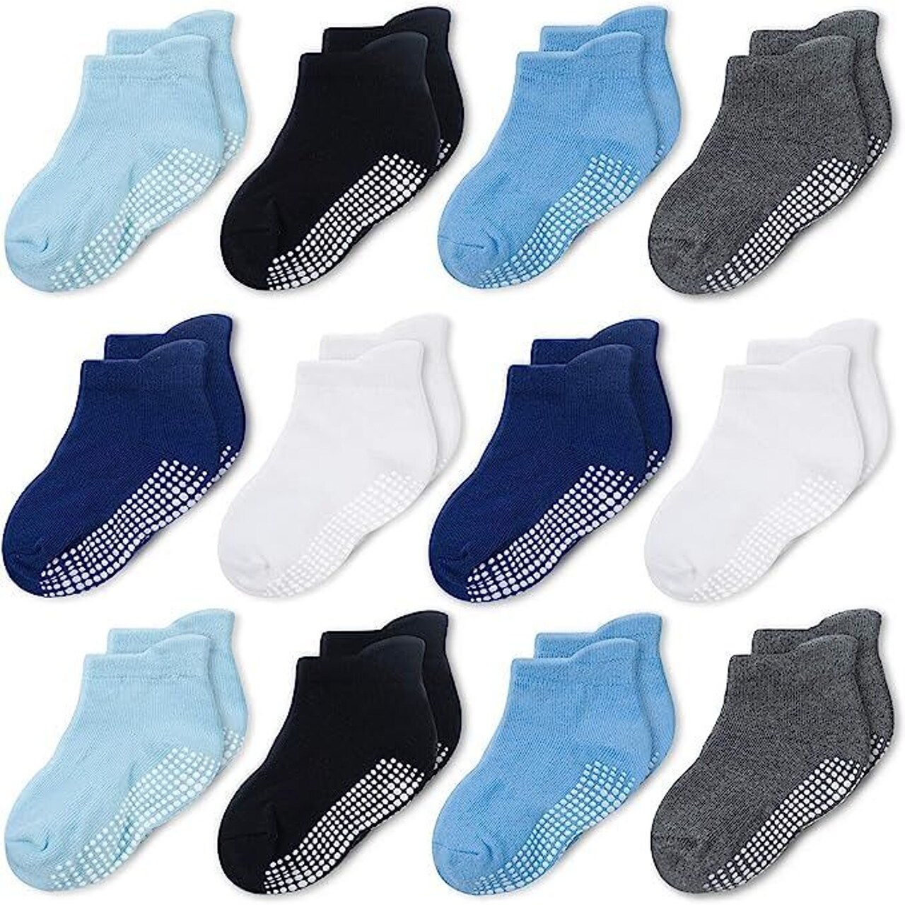 CozyWay Non-Slip Ankle Style Socks with Grippers, 12 Pack for Baby Boys and Girls, Assorted Colors, 1-3 Years